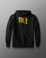 Black hoodie with colorful logo on a gray background