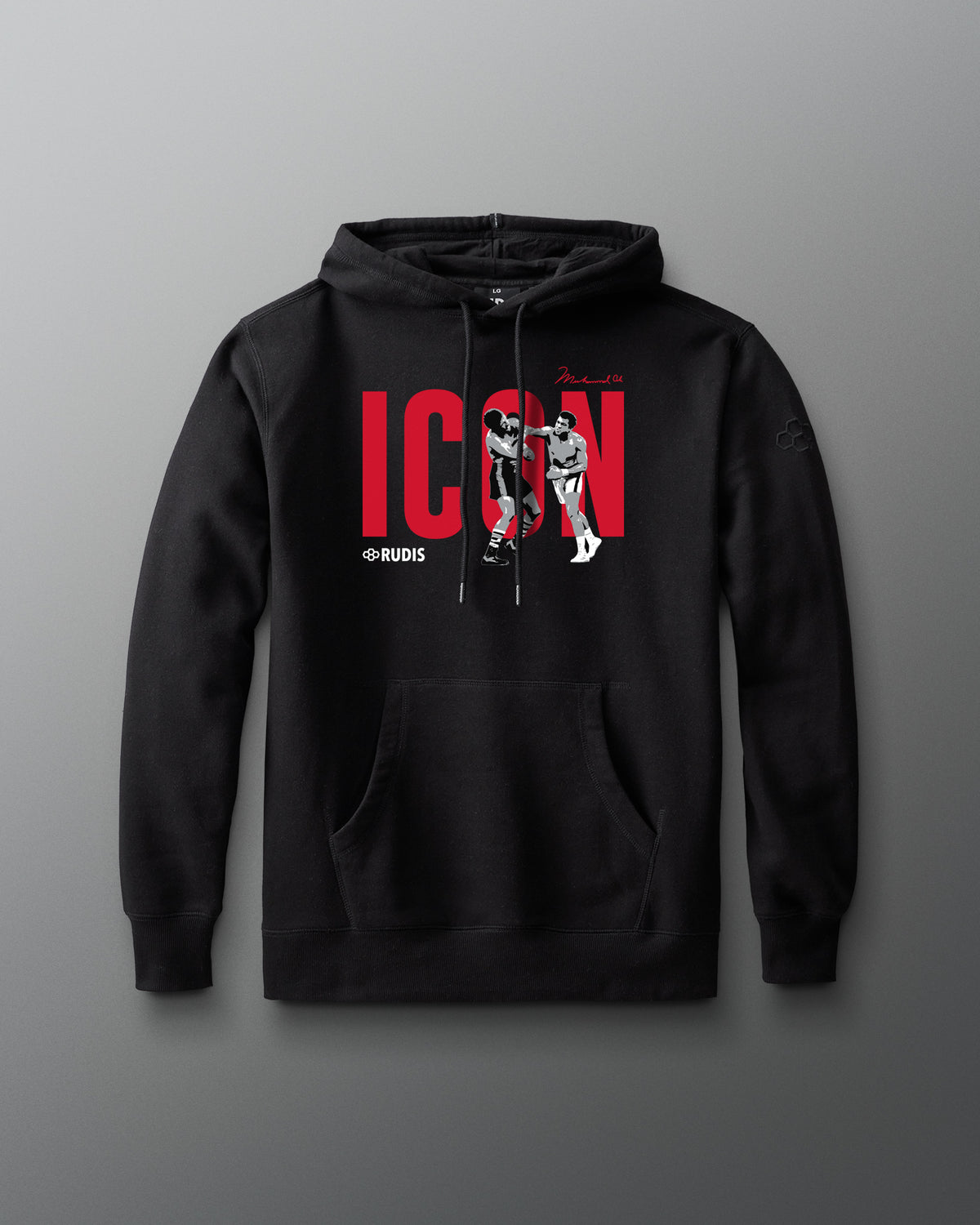RUDIS Muhammad Ali Icon Comfort Fleece Hoodie in black, featuring a red ICON graphic with Muhammad Ali imagery, drawstring hood, and kangaroo pocket.