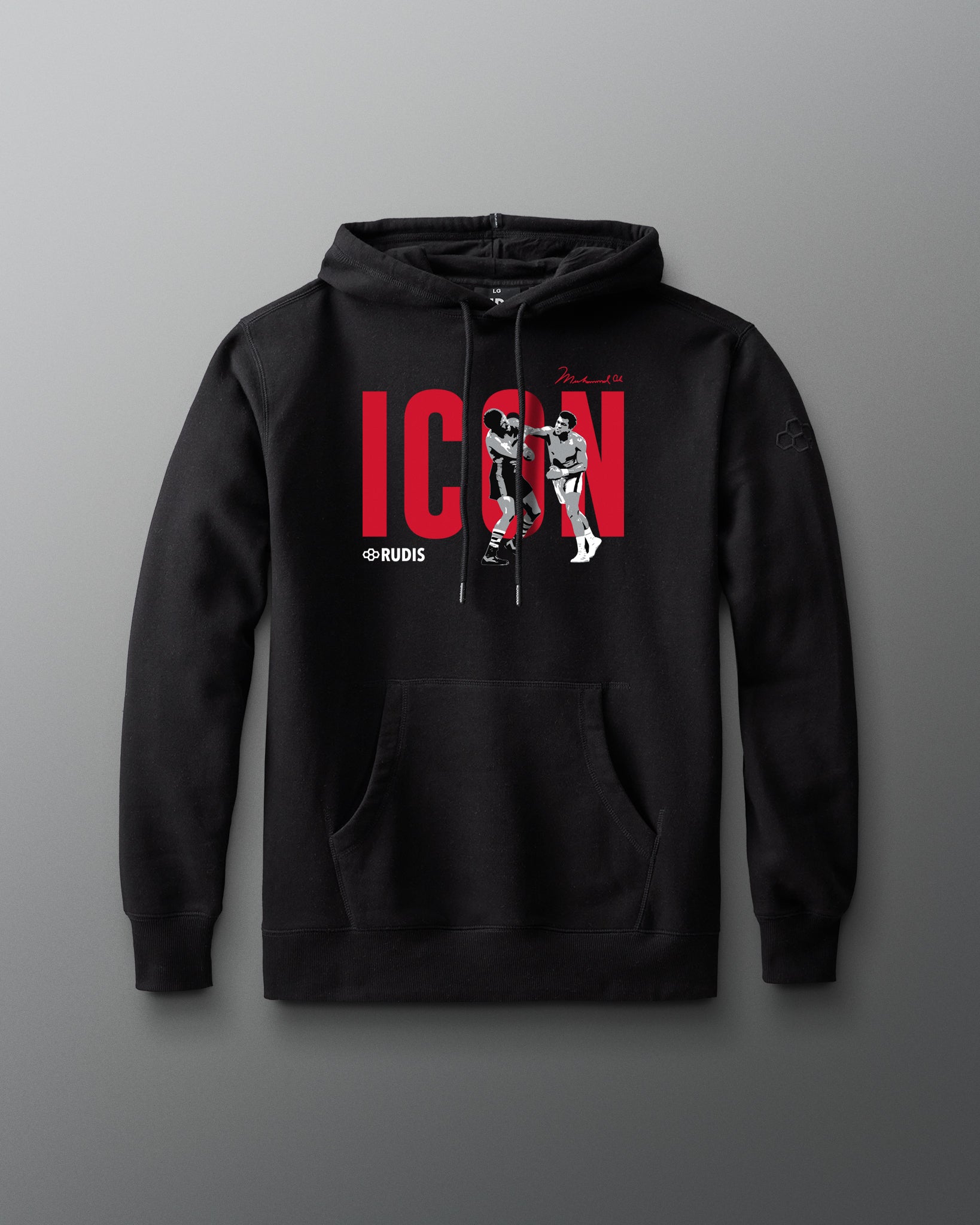 RUDIS Muhammad Ali Icon Comfort Fleece Hoodie in black, featuring a red ICON graphic with Muhammad Ali imagery, drawstring hood, and kangaroo pocket.