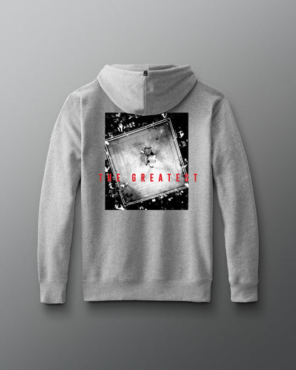 RUDIS Ali The Greatest Comfort Fleece Hoodie in gray, featuring a black-and-white overhead boxing-ring image with bold red “THE GREATEST” lettering across the back.