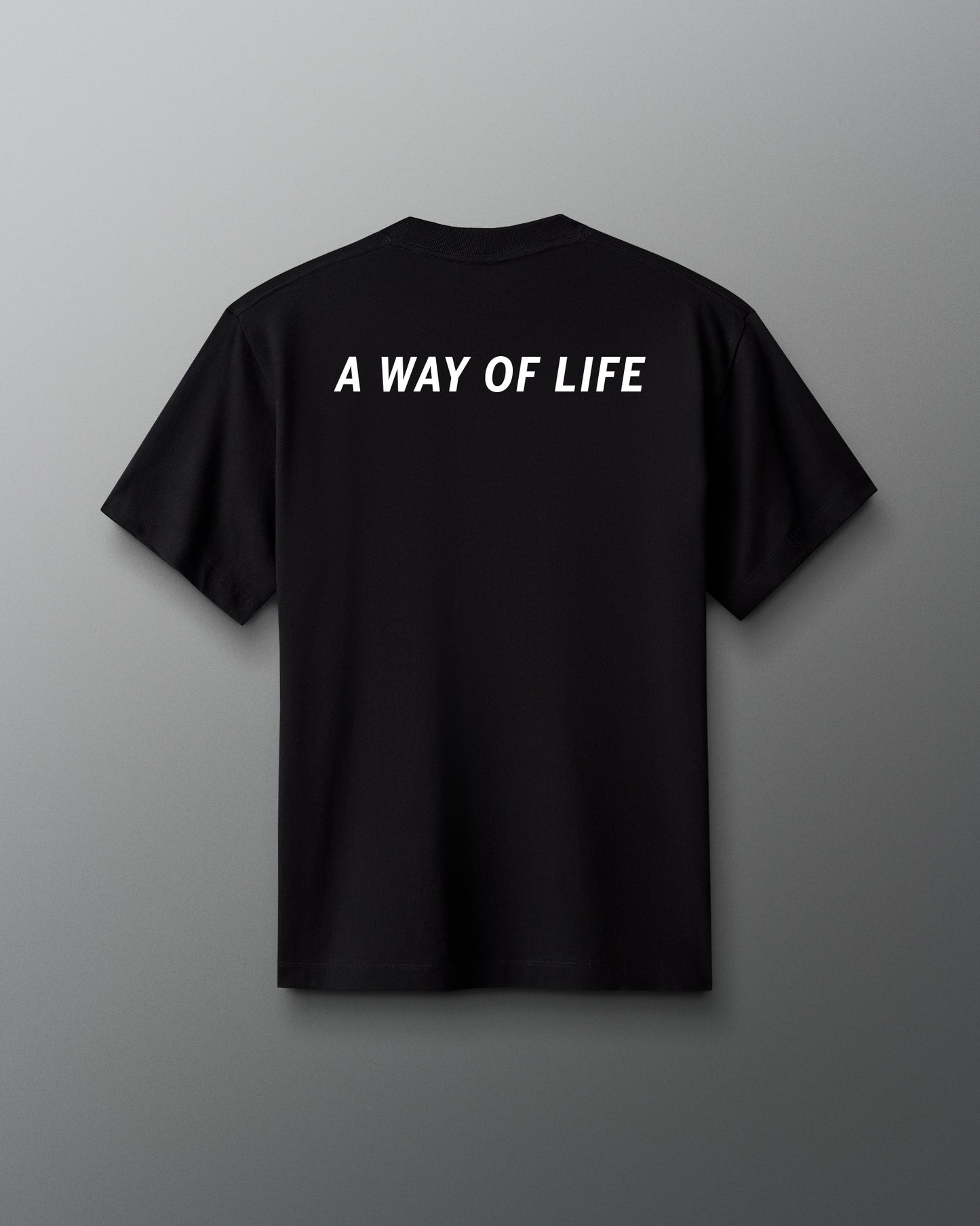 Black t-shirt with 'A WAY OF LIFE' text on a gray background