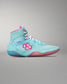 Light blue and pink wrestling shoe on a gray background