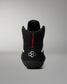 Black wrestling shoe with red text on a gray background