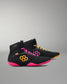 Black wrestling shoes with pink soles and yellow accents on a gray background