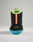 A back view of a black athletic shoe featuring a textured blue sole bright green lining and vibrant orange branding showcasing modern design elements for optimal performance