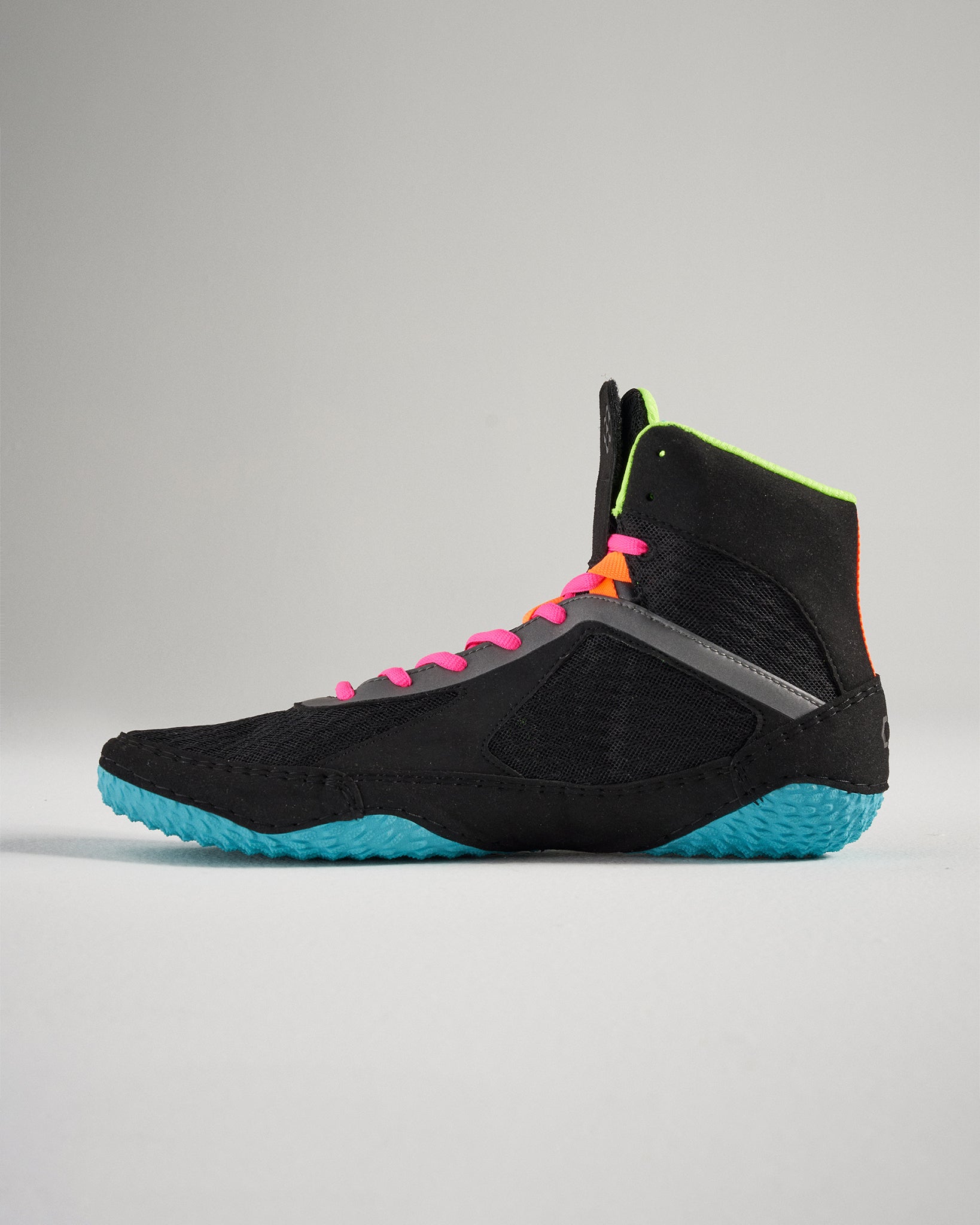 A stylish black athletic shoe with vibrant pink laces and a bright blue sole designed for both performance and aesthetics