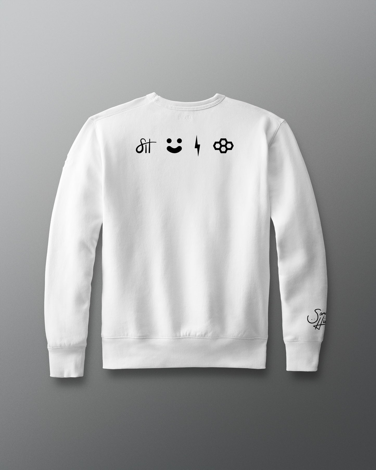 White sweatshirt with black graphics on a gray background