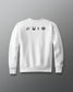 White sweatshirt with black graphics on a gray background