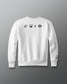 White sweatshirt with black graphics on a gray background