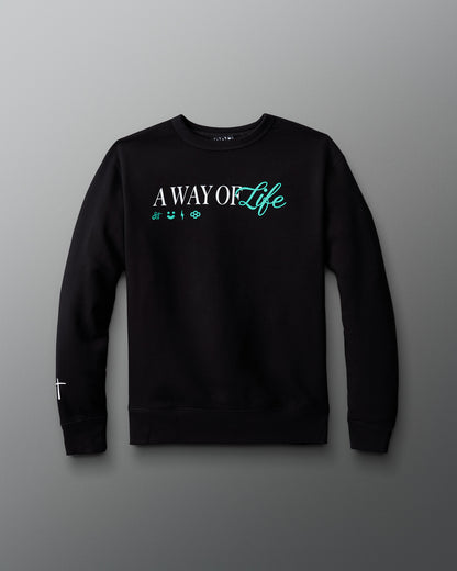 Black sweatshirt with 'A Way of Life' text on a gray background