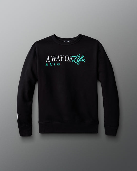Black sweatshirt with 'A Way of Life' text on a gray background