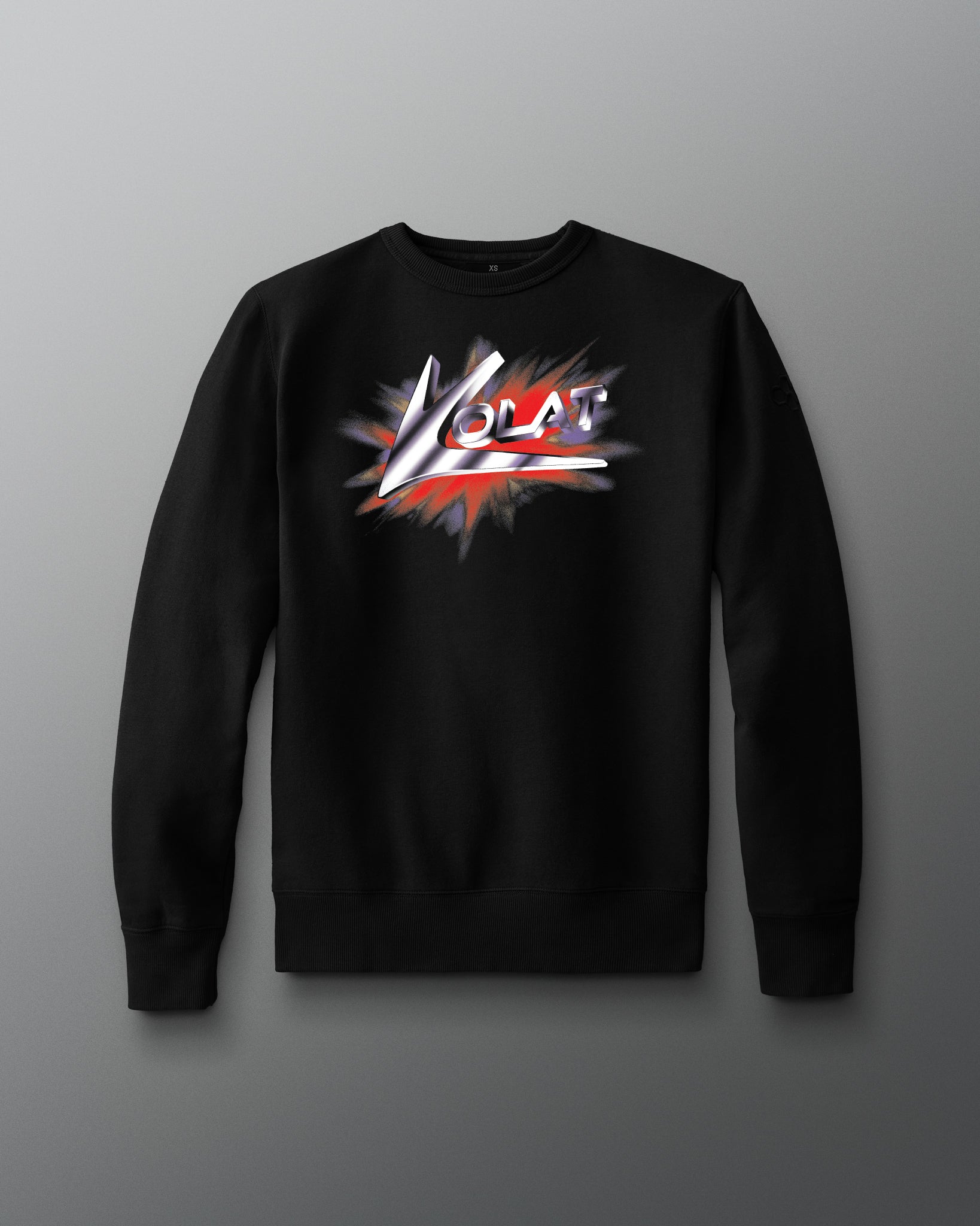 Black sweatshirt with a colorful logo on a gray background