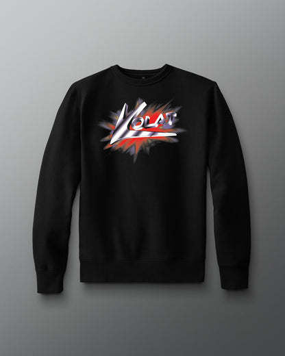 Black sweatshirt with a colorful logo on a gray background