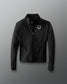 Black jacket with a smiley face logo on a gray background
