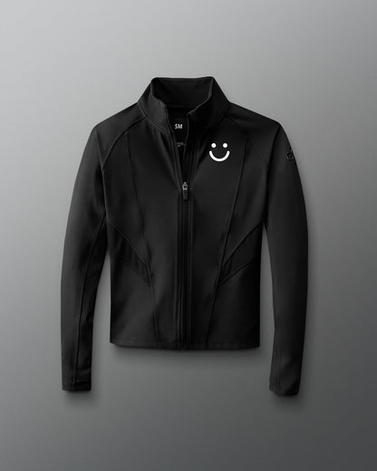 Black jacket with a smiley face logo on a gray background