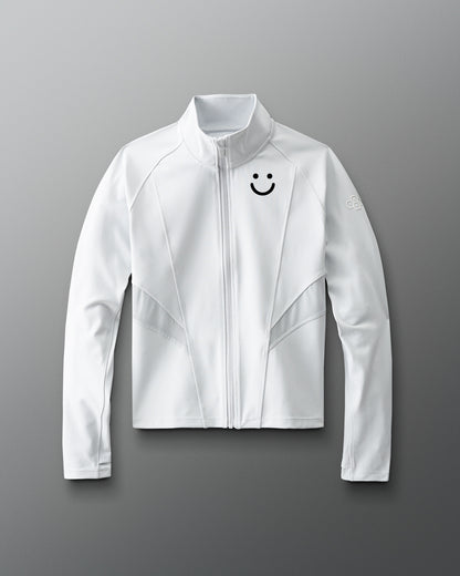 White jacket with a smiley face emblem on a gray background