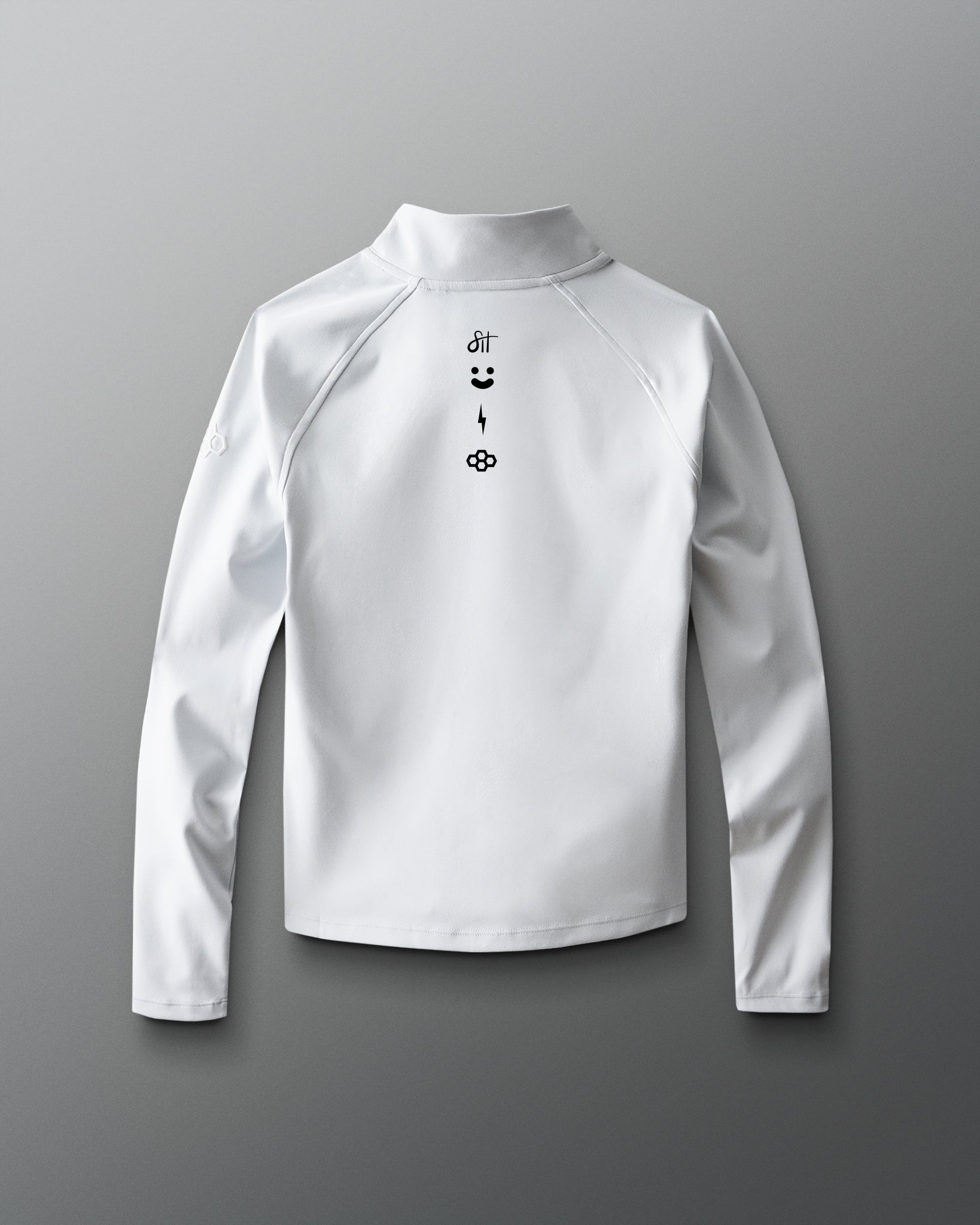 White long-sleeve shirt with a logo on a gray background