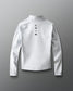 White long-sleeve shirt with a logo on a gray background