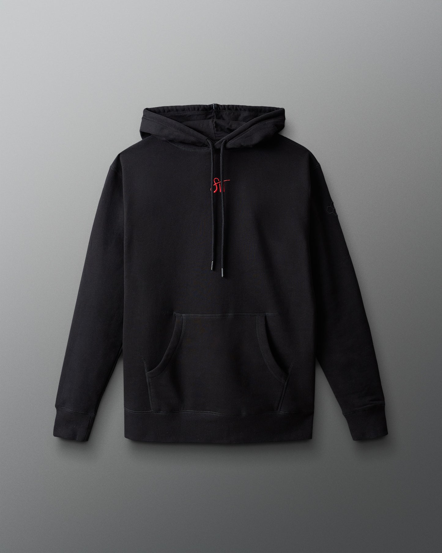 Black hoodie with a red logo on a gray background