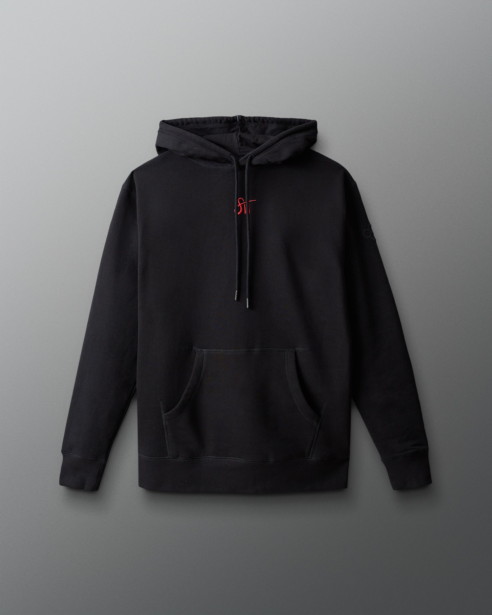 Black hoodie with a red logo on a gray background