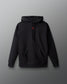 Black hoodie with a red logo on a gray background