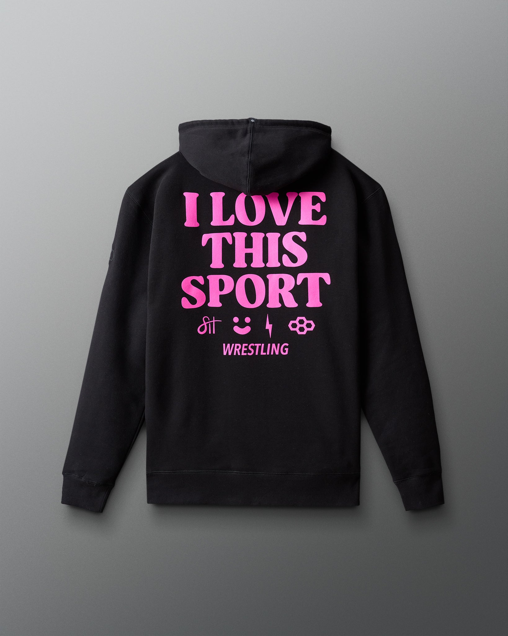Black hoodie with pink text 'I LOVE THIS SPORT' on a gray background