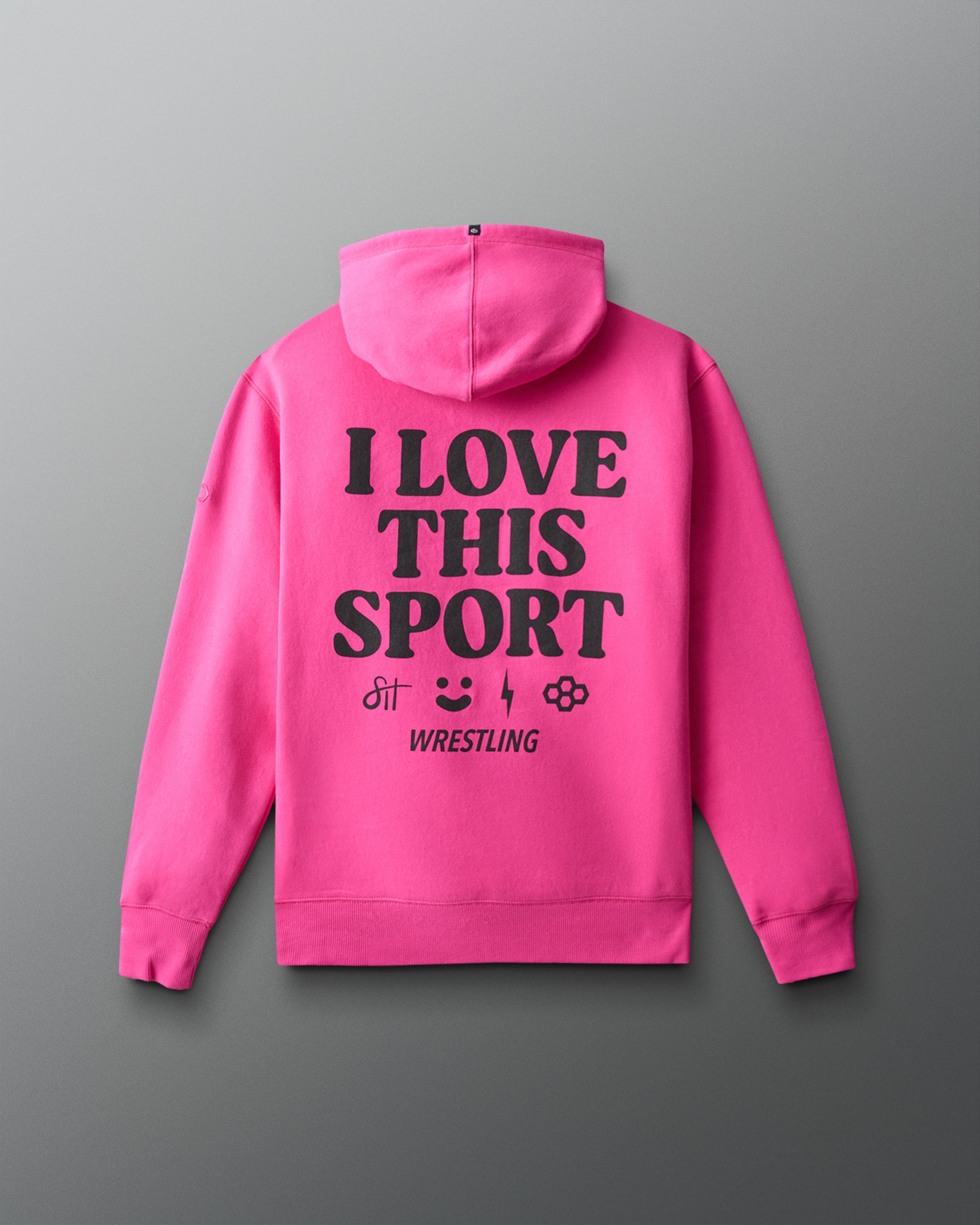 Pink hoodie with 'I Love This Sport' text on the back against a gray background