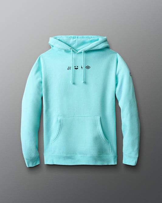 Light blue hoodie with small black graphics on a gray background