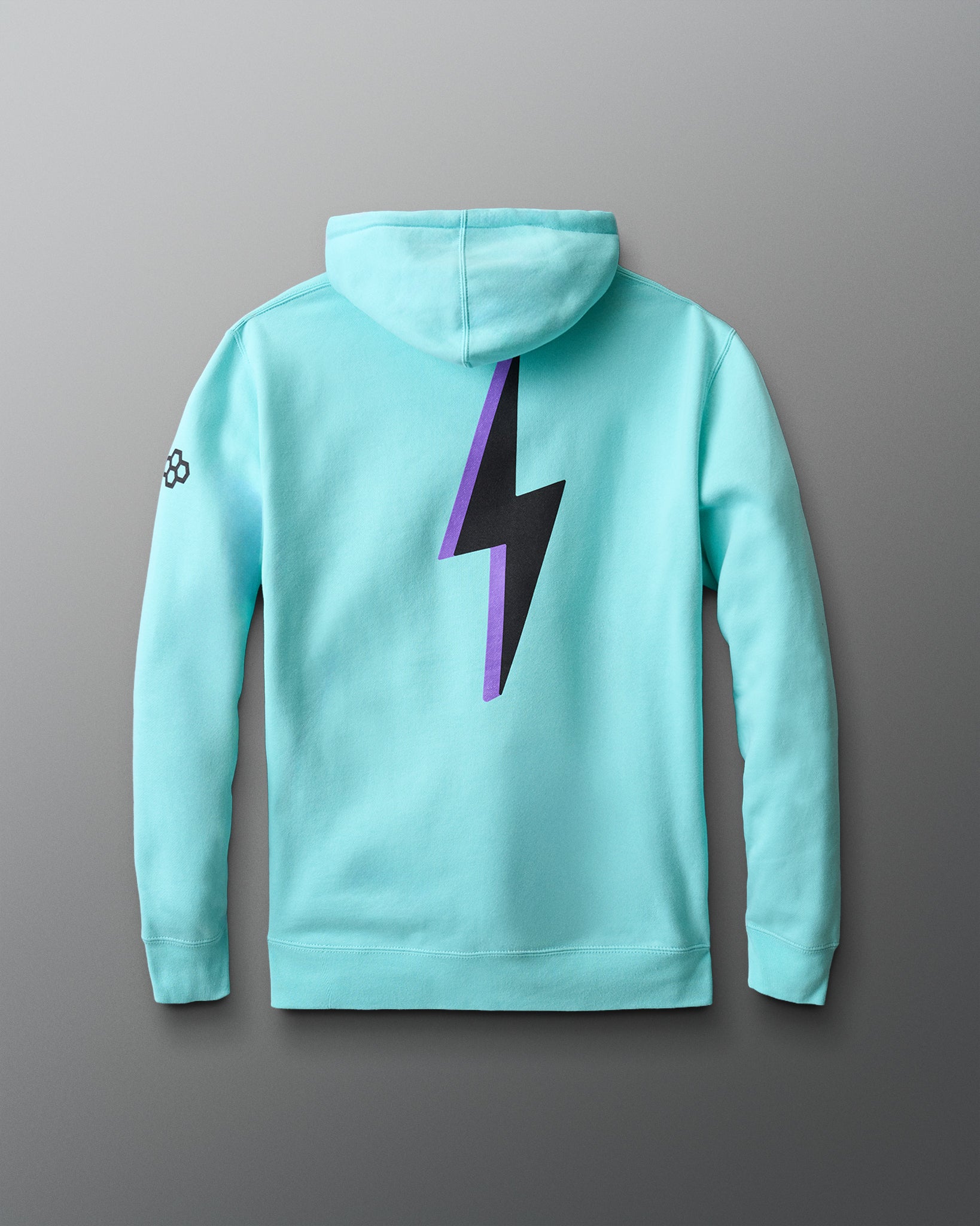 Light blue hoodie with a purple lightning bolt design on a gray background