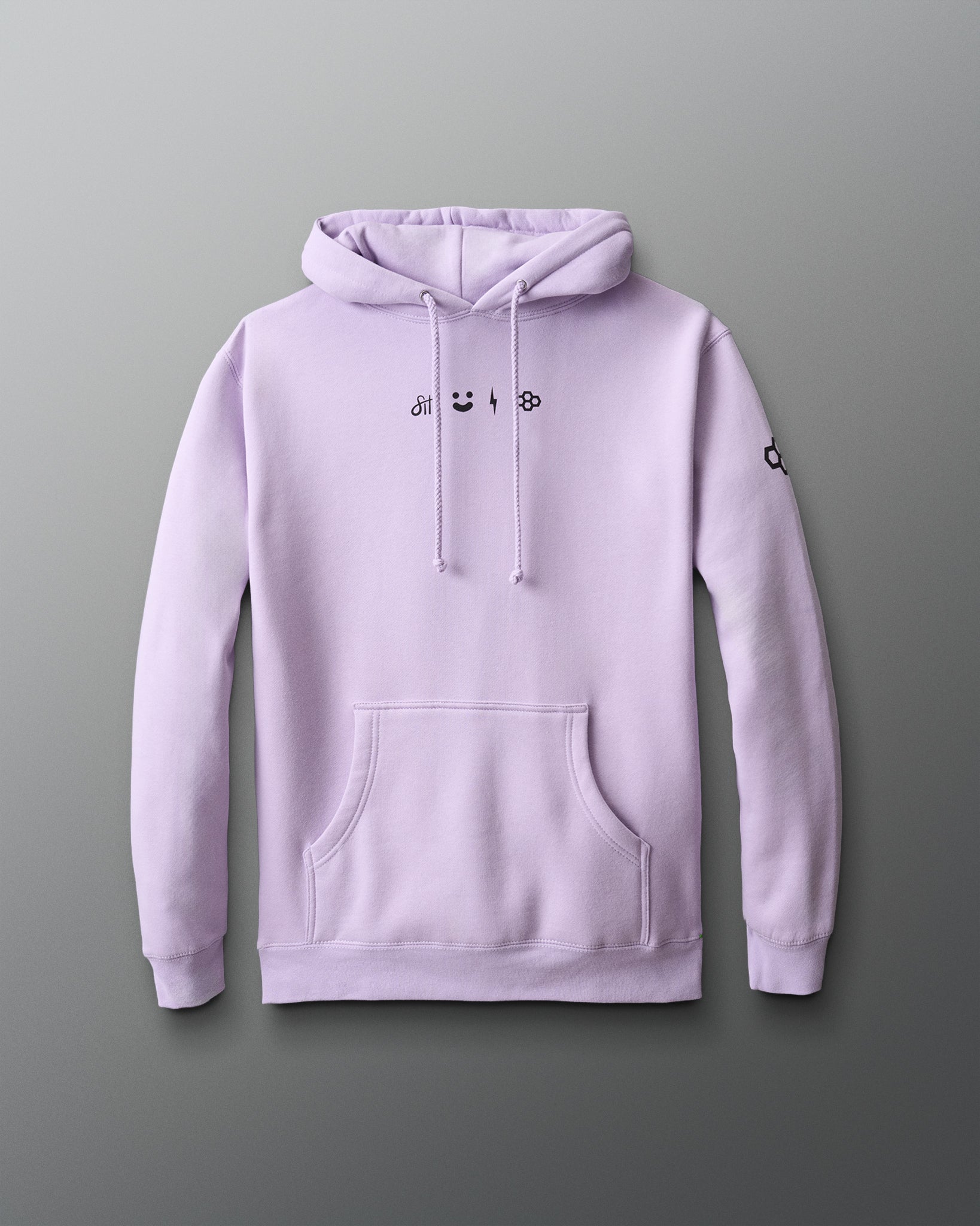 Light purple hoodie with brand logo on a gray background
