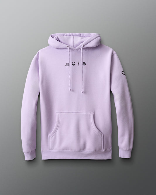 Light purple hoodie with brand logo on a gray background