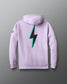 Light purple hoodie with a black and green lightning bolt design on the back against a gray background