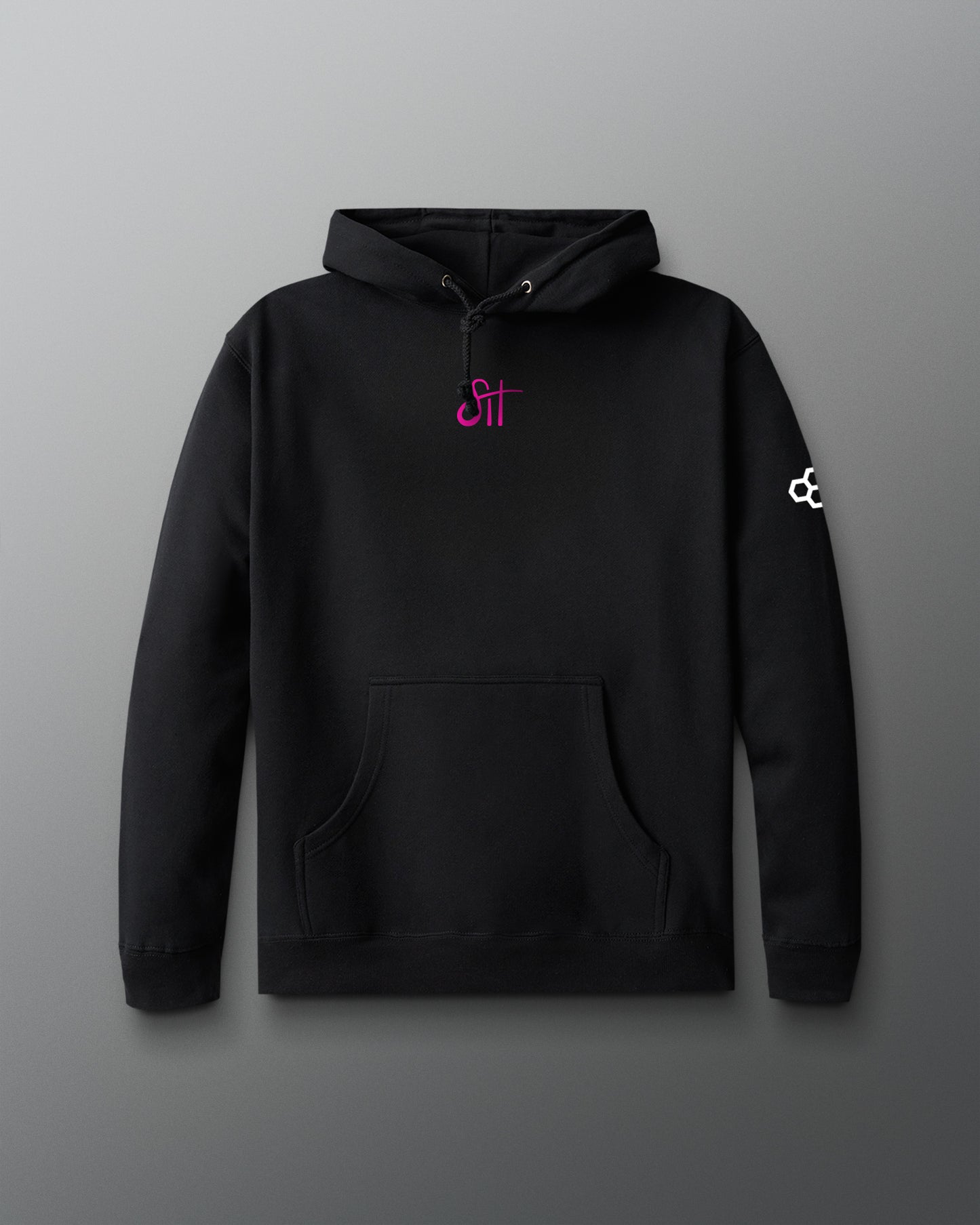 Black hoodie with a pink logo on a gray background