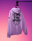 Purple hoodie with 'I LOVE THIS SPORT' text on a gradient background