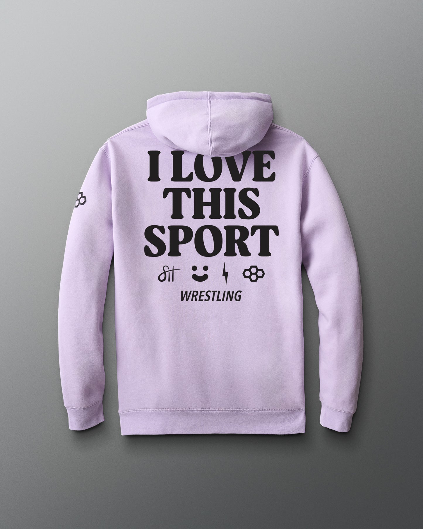 Light purple hoodie with 'I Love This Sport' text on the back against a gray background