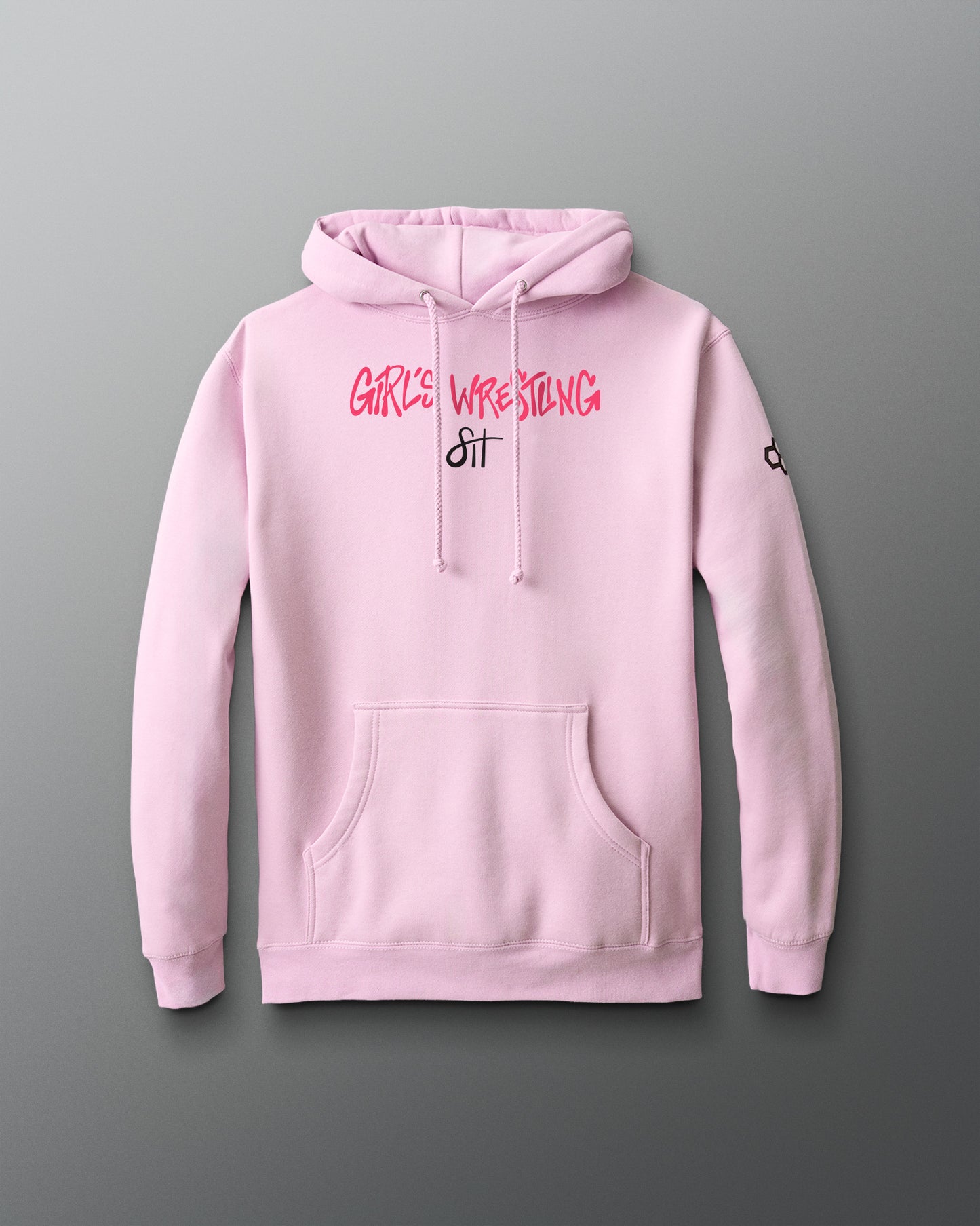 Pink hoodie with text on a gray background