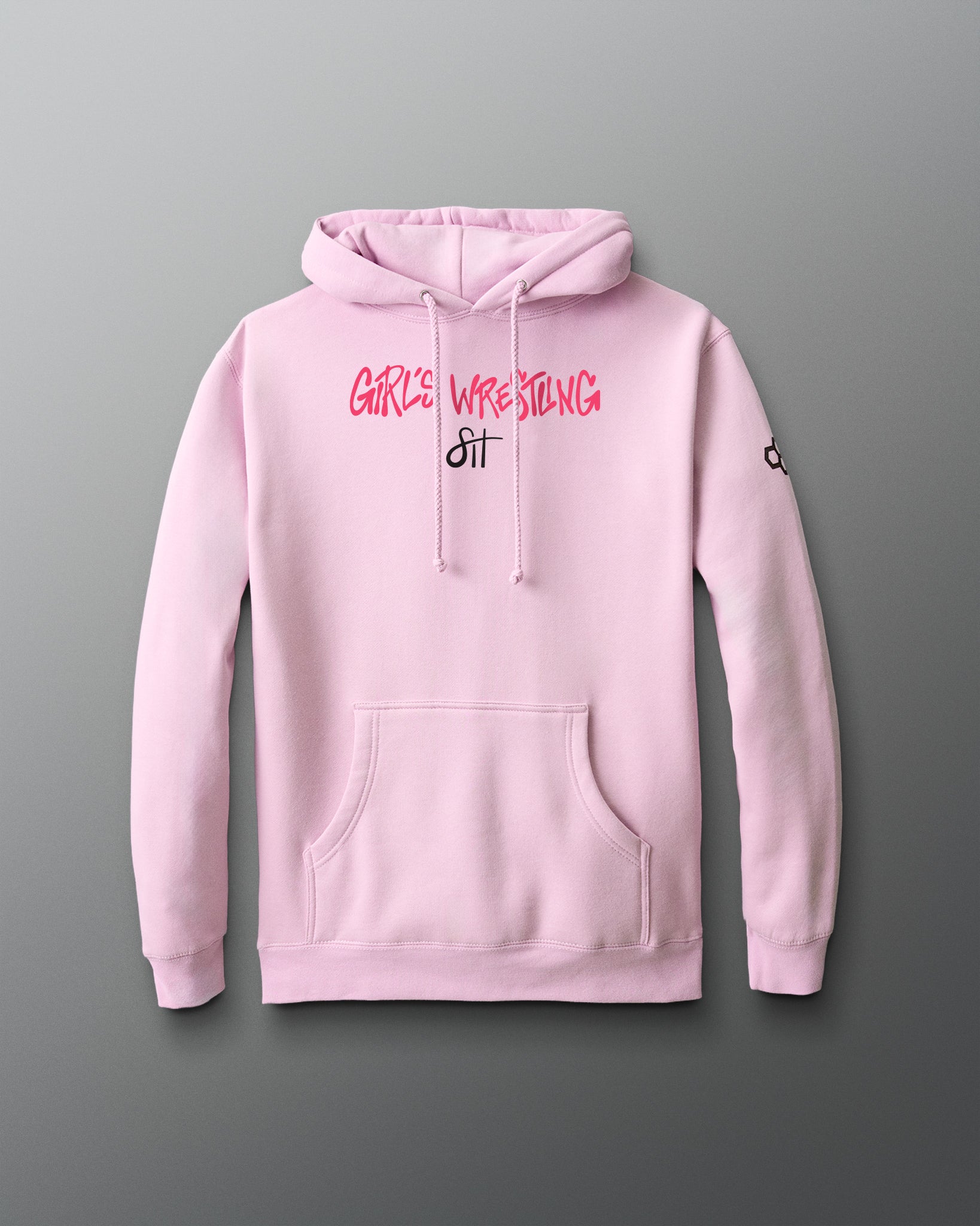 Pink hoodie with text on a gray background