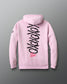Pink hoodie with black and red text on the back against a gray background