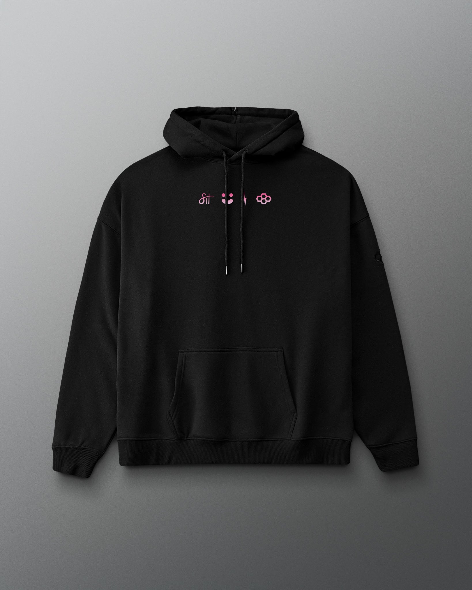 A black pullover hoodie with a small pink and white graphic logo across the chest, displayed against a neutral gray background.