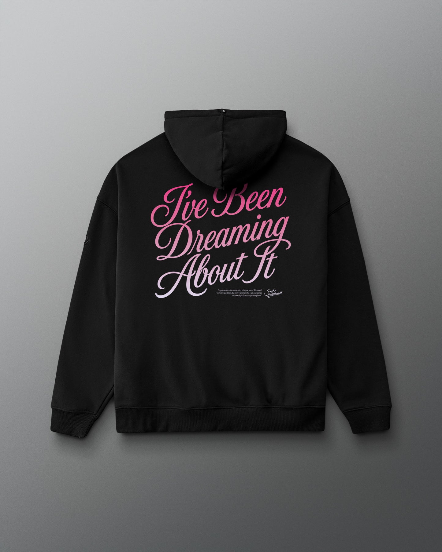 A black pullover hoodie shown from the back, featuring the phrase 'I've Been Dreaming About It' printed in a stylized pink and white script across the upper back.