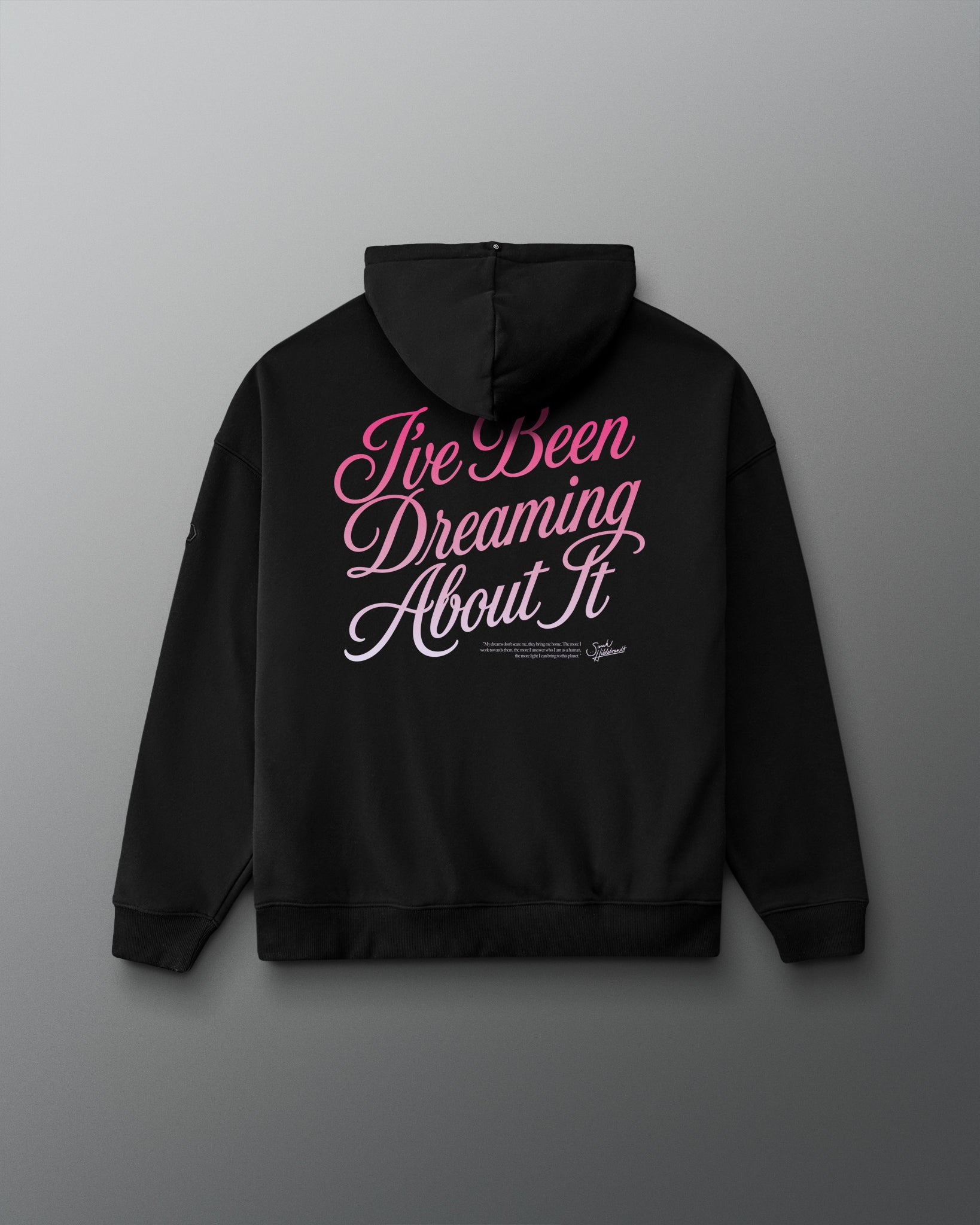 A black pullover hoodie shown from the back, featuring the phrase 'I've Been Dreaming About It' printed in a stylized pink and white script across the upper back.