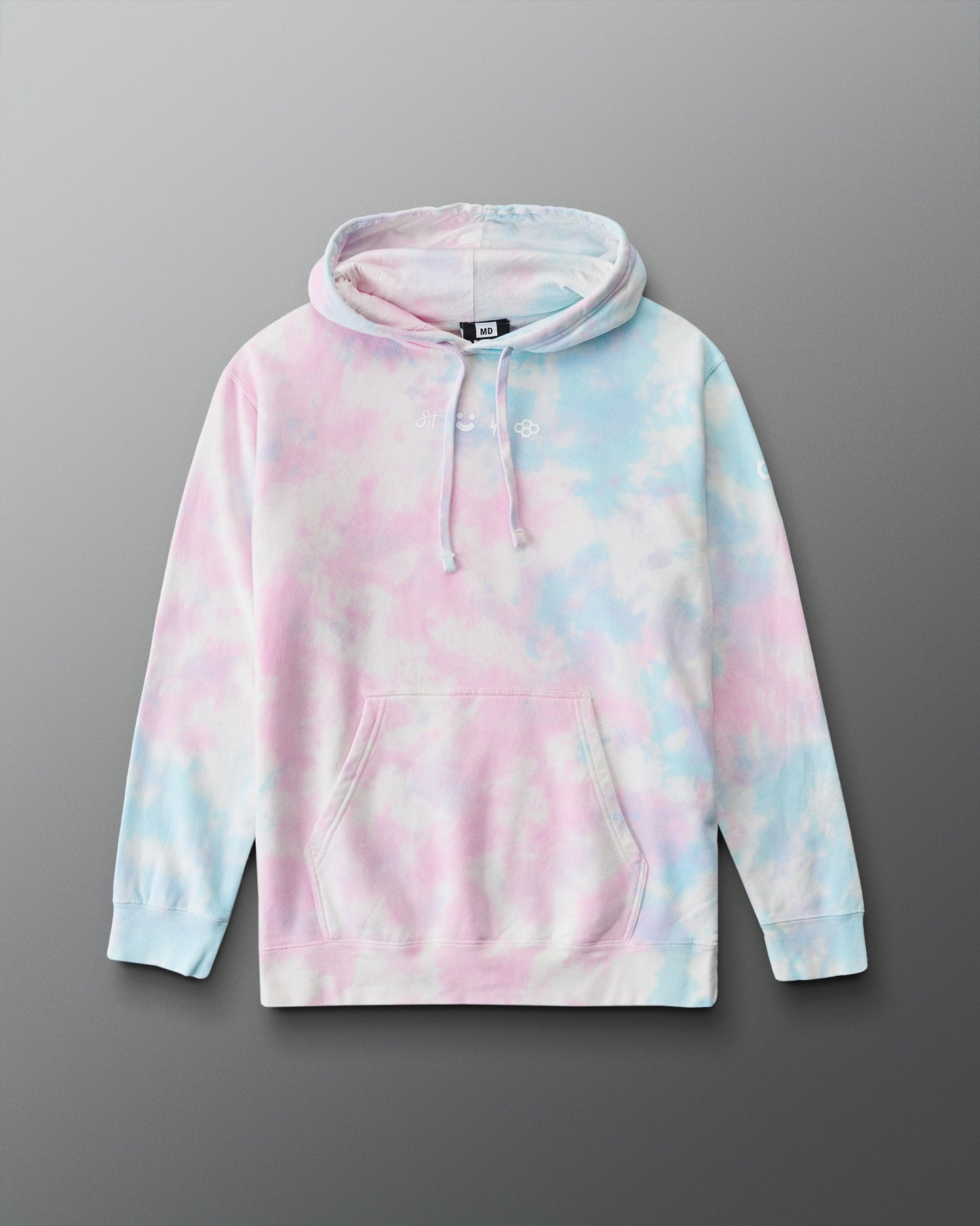 A pastel tie-dye pullover hoodie with pink, light blue, and white clouds, featuring a front Kanga pocket and drawstring hood, displayed on a neutral gray background.
