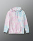 A pastel tie-dye pullover hoodie with pink, light blue, and white clouds, featuring a front Kanga pocket and drawstring hood, displayed on a neutral gray background.