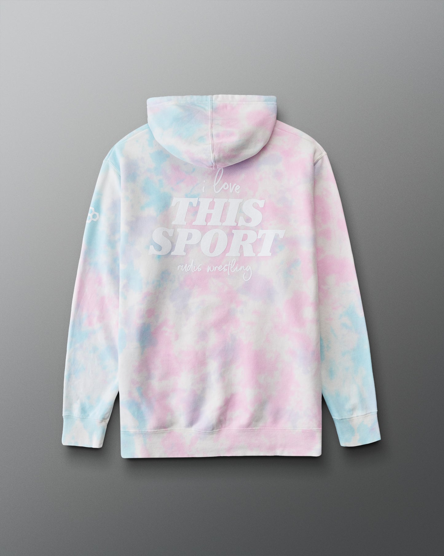 A pastel tie-dye hoodie with pink, blue, and white swirls, shown from the back. The back features the text 'I love THIS SPORT RUDIS wrestling' in white.