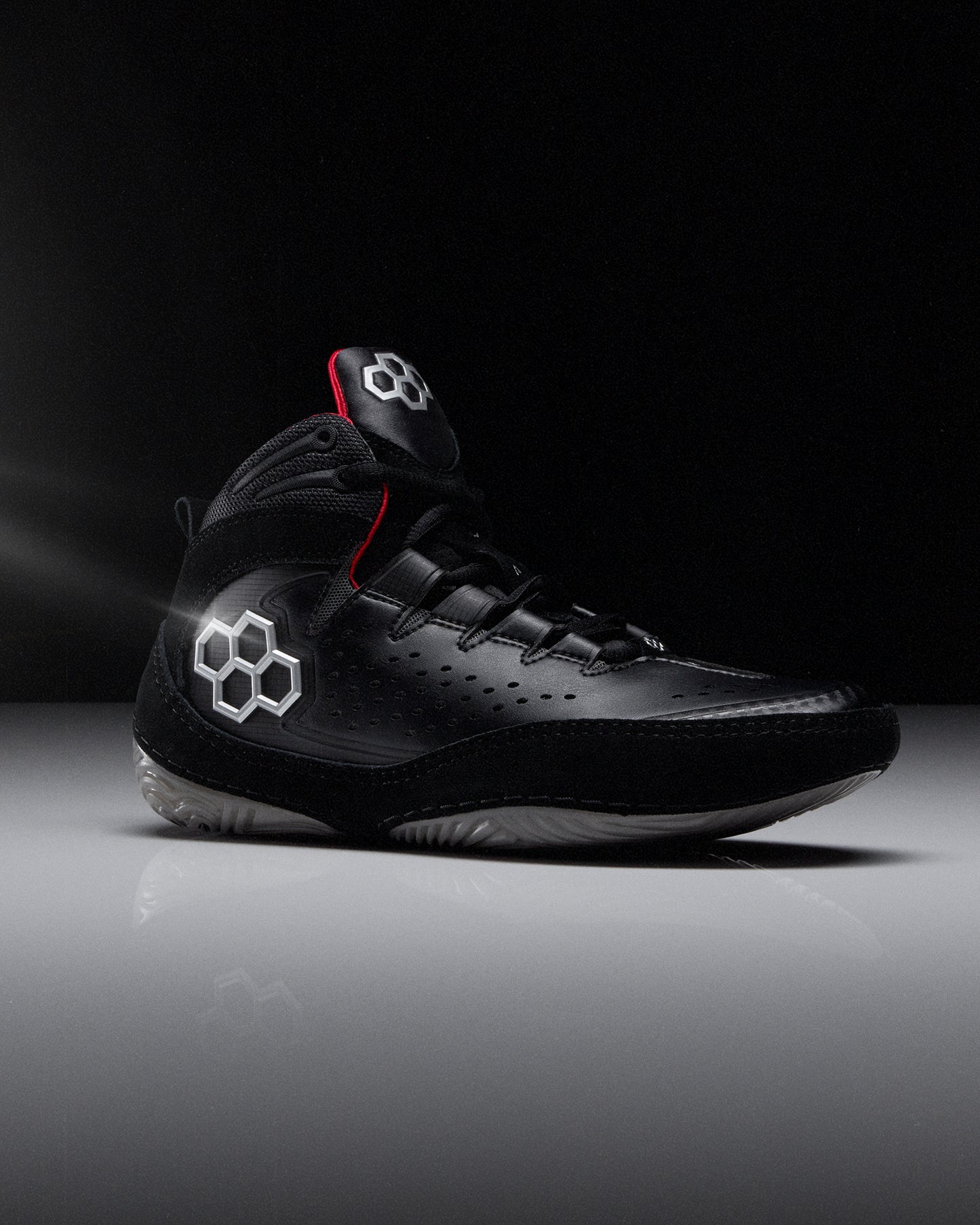 Black wrestling shoe with 'RUDIS' brand logo on a dark background