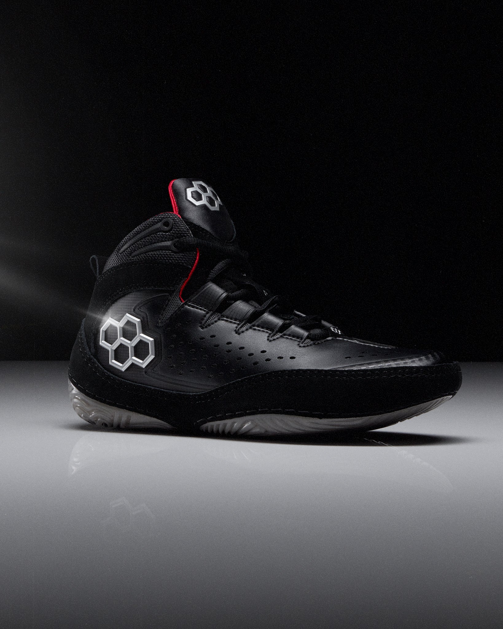 Black wrestling shoe with 'RUDIS' brand logo on a dark background