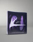 wrestling shoe box with purple wrestling shoes and a logo on a gray background