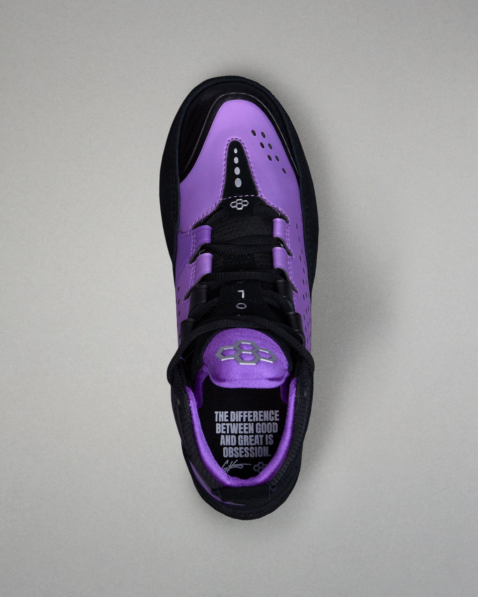 Purple and black wrestling shoe with text on a gray background