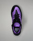 Purple and black wrestling shoe with text on a gray background