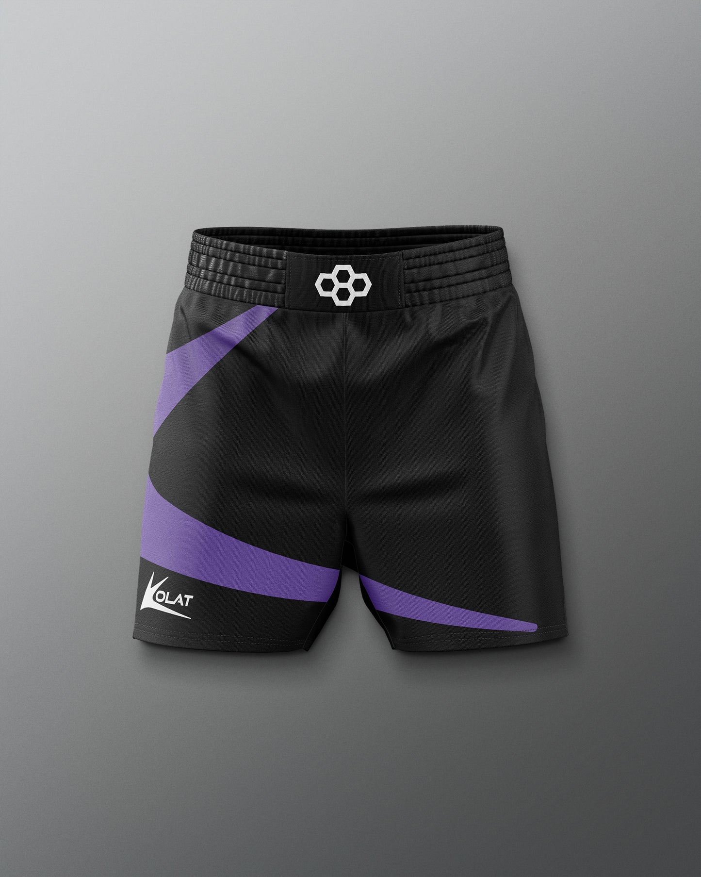 Black shorts with purple stripes on a gray background